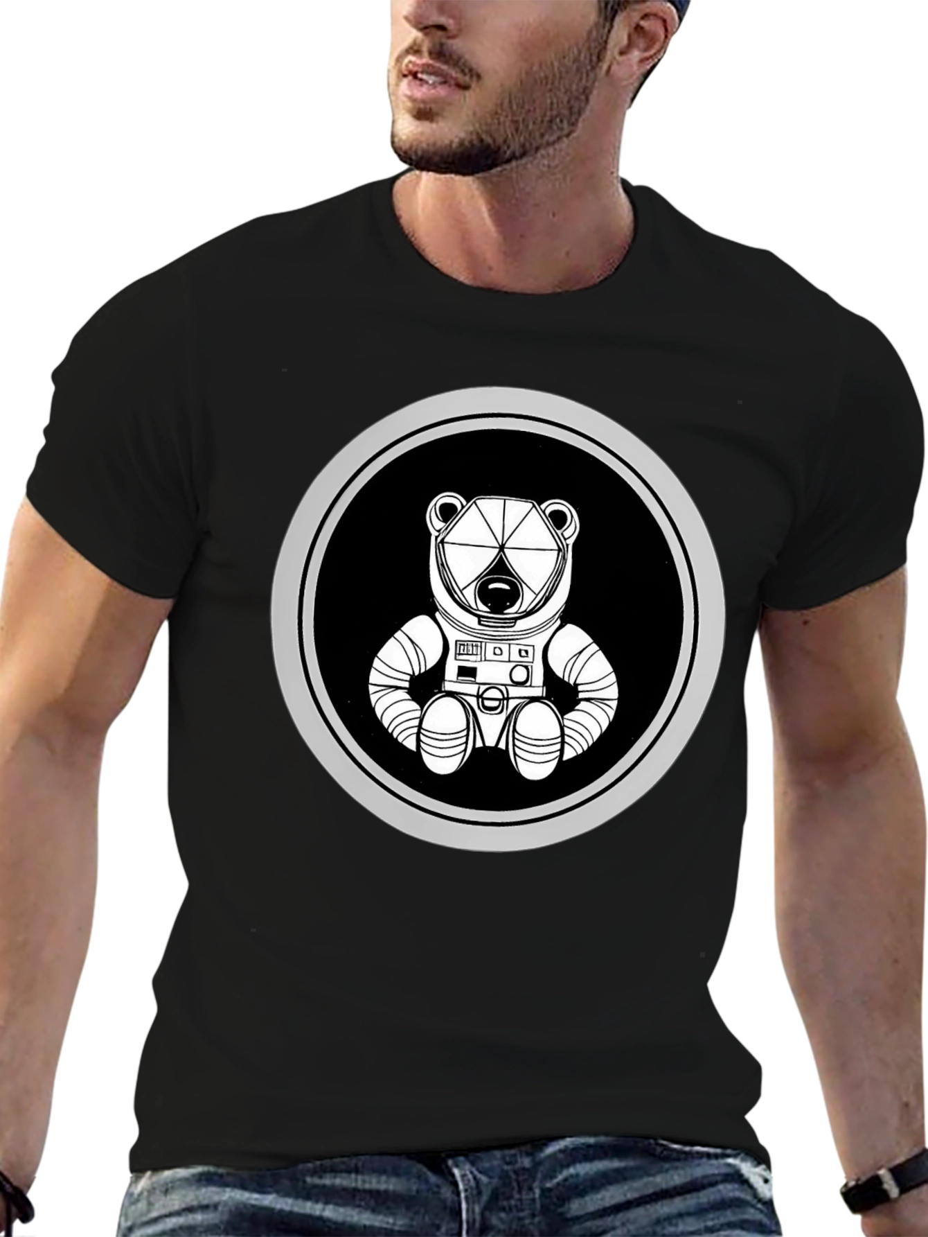 Astronaut Bear Graphic Tee - Black Cotton Blend