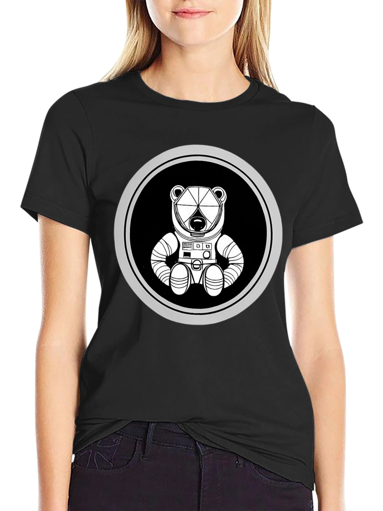 Astronaut Bear Graphic Tee - Black Cotton Blend