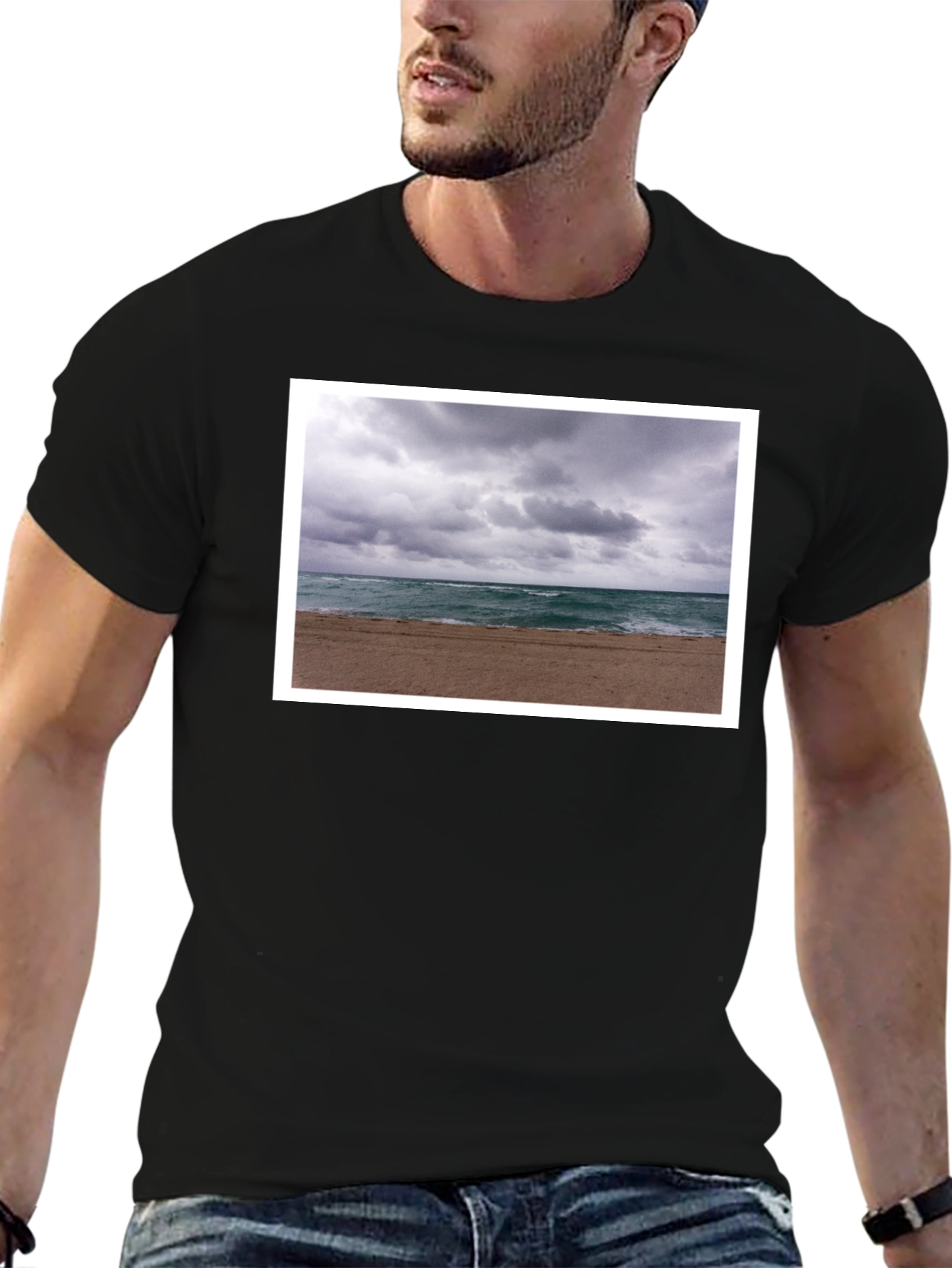 Stormy Beach Graphic Tee - Black Cotton T-Shirt
