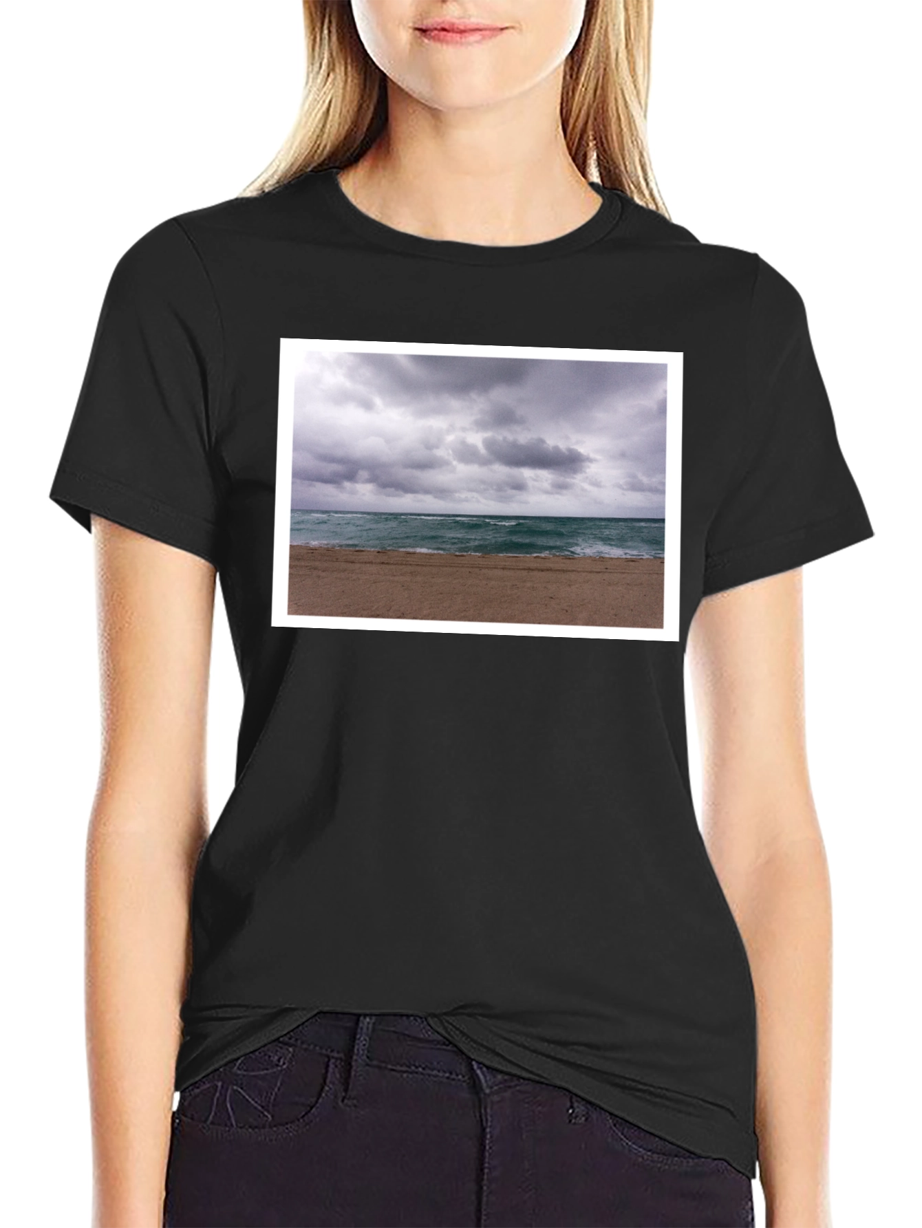 Stormy Beach Graphic Tee - Black Cotton T-Shirt