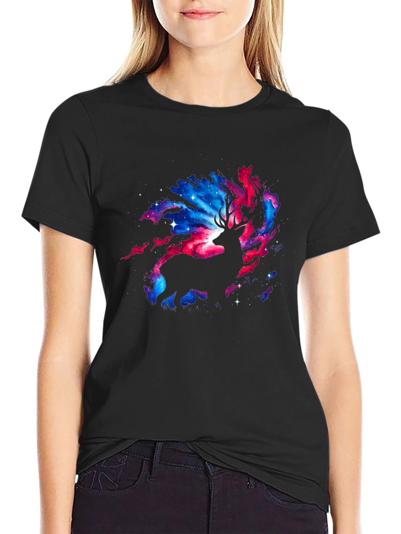 Cosmic Deer Graphic T-Shirt - Black