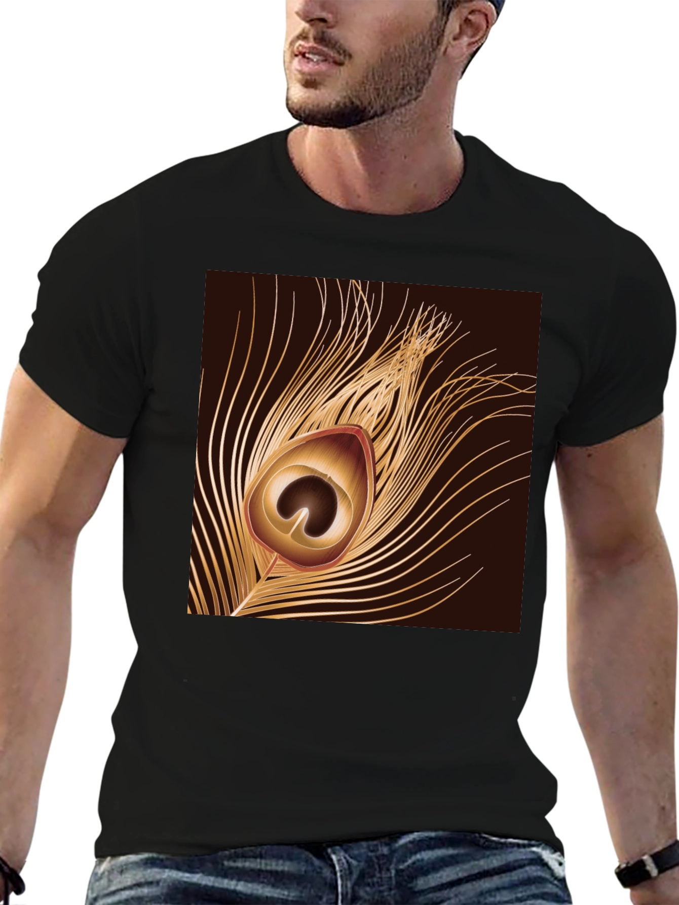 Peacock Feather Graphic Black T-Shirt