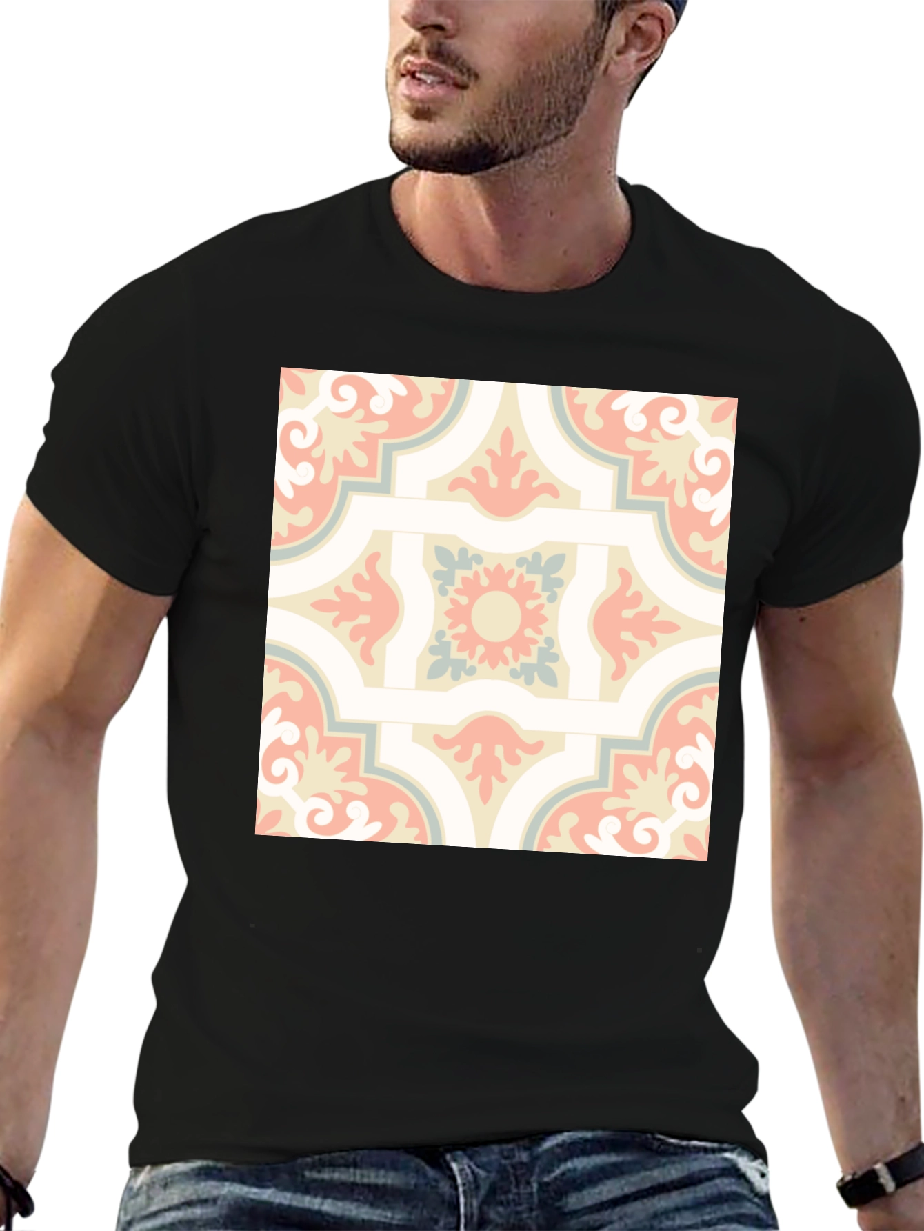 Retro Pattern Print Black T-Shirt