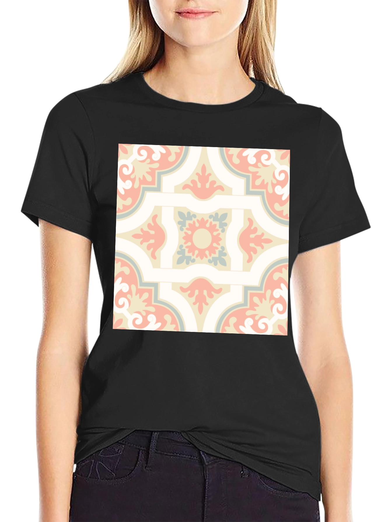 Retro Pattern Print Black T-Shirt