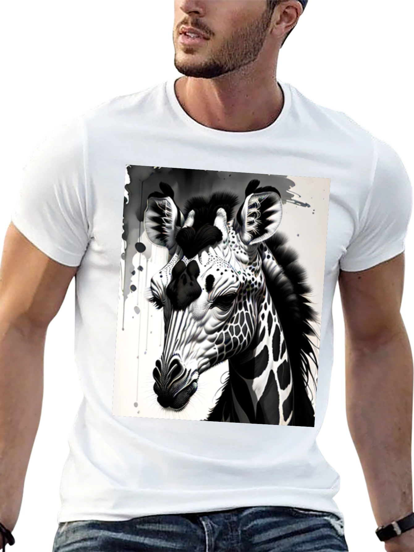 Monochrome Giraffe Graphic Tee - Stylish Mens T-Shirt