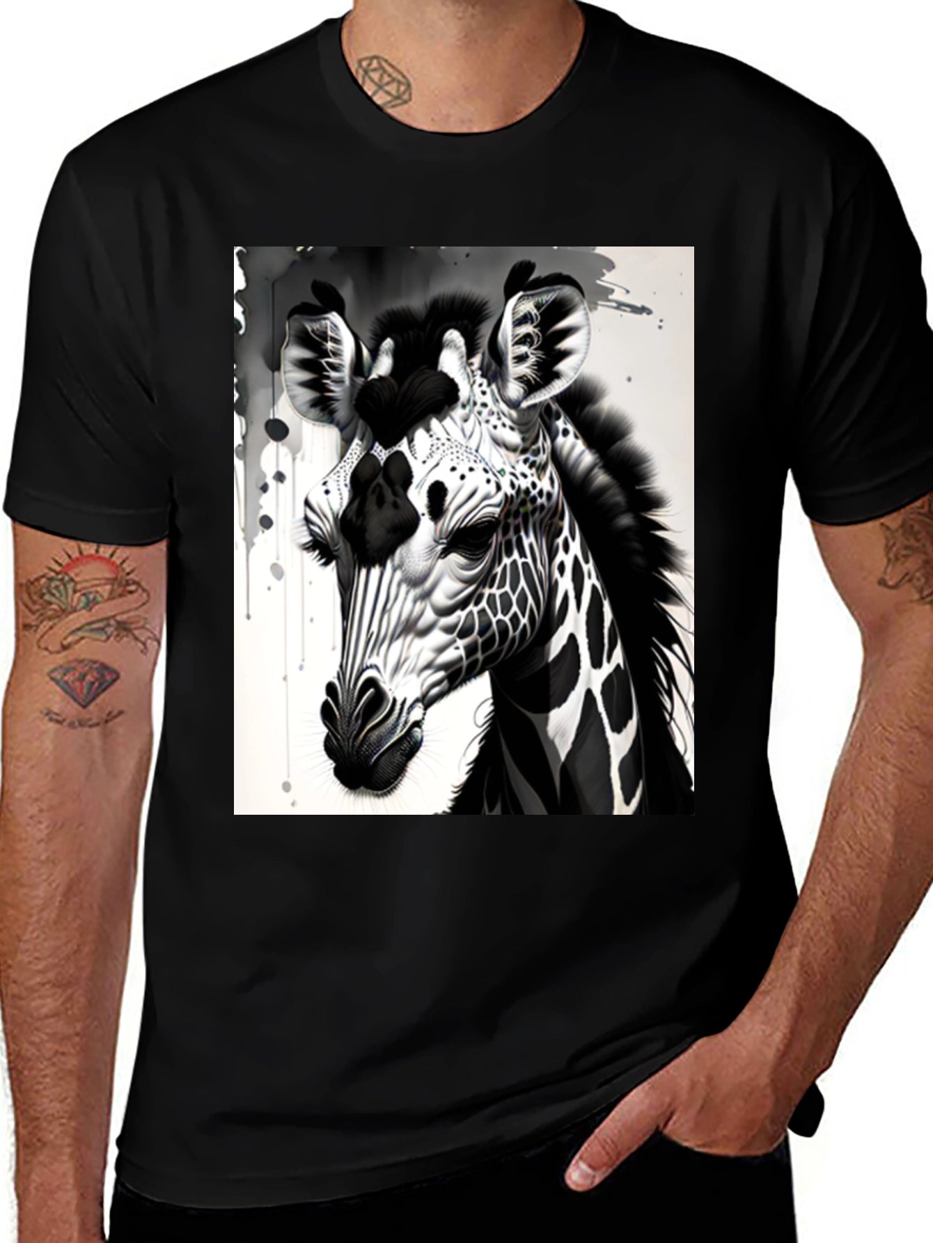 Monochrome Giraffe Graphic Tee - Stylish Mens T-Shirt