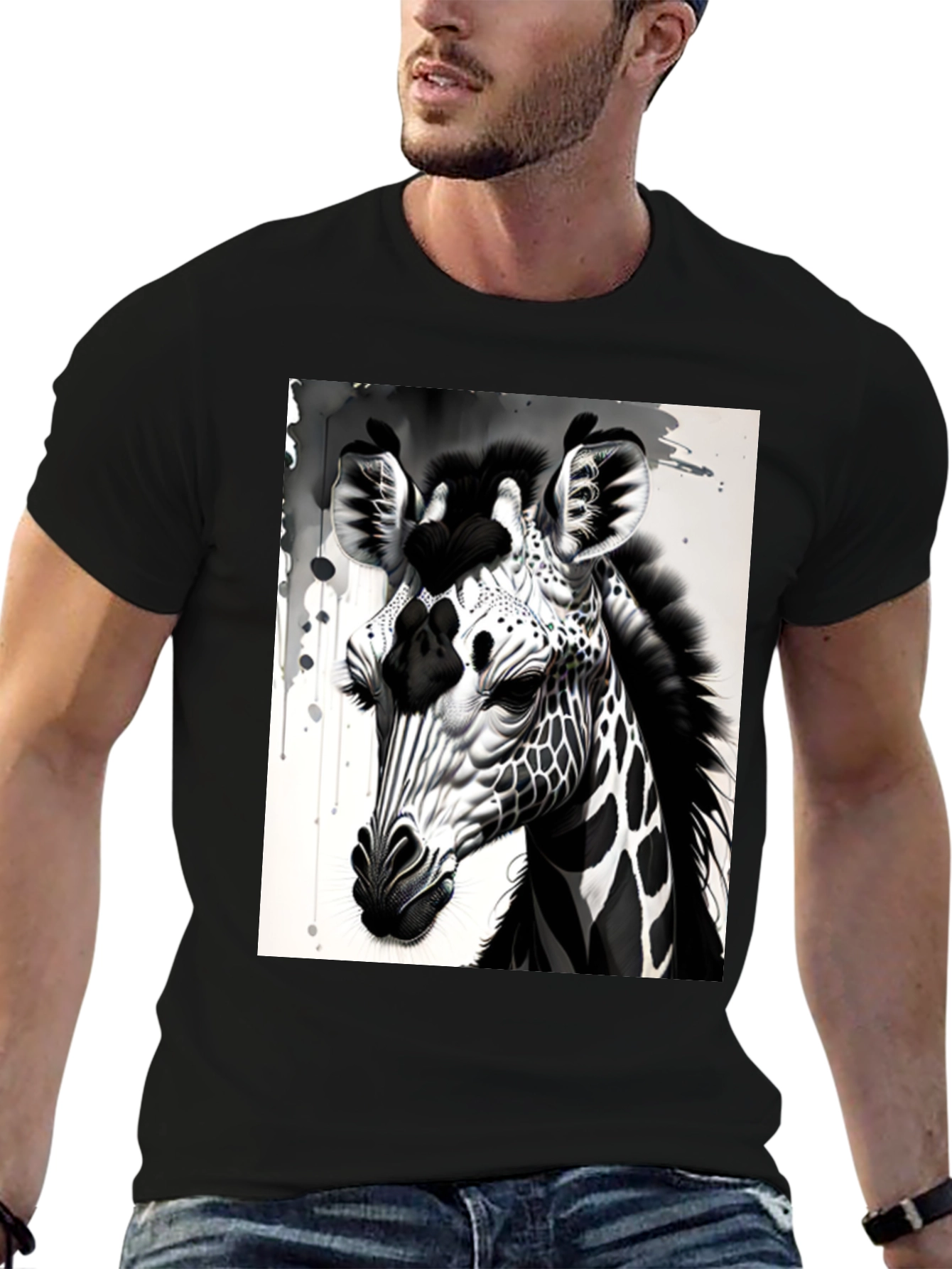Monochrome Giraffe Graphic Tee - Stylish Mens T-Shirt