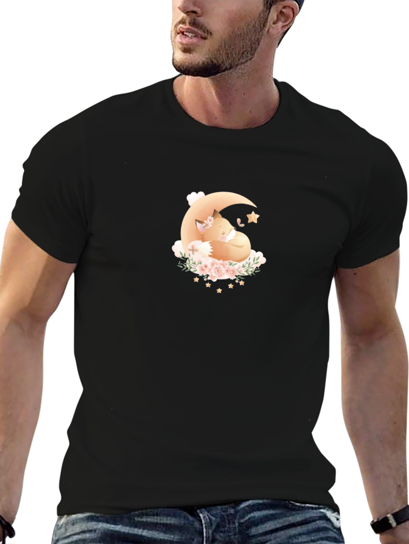 Dreamy Fox Moon Graphic Black T-Shirt