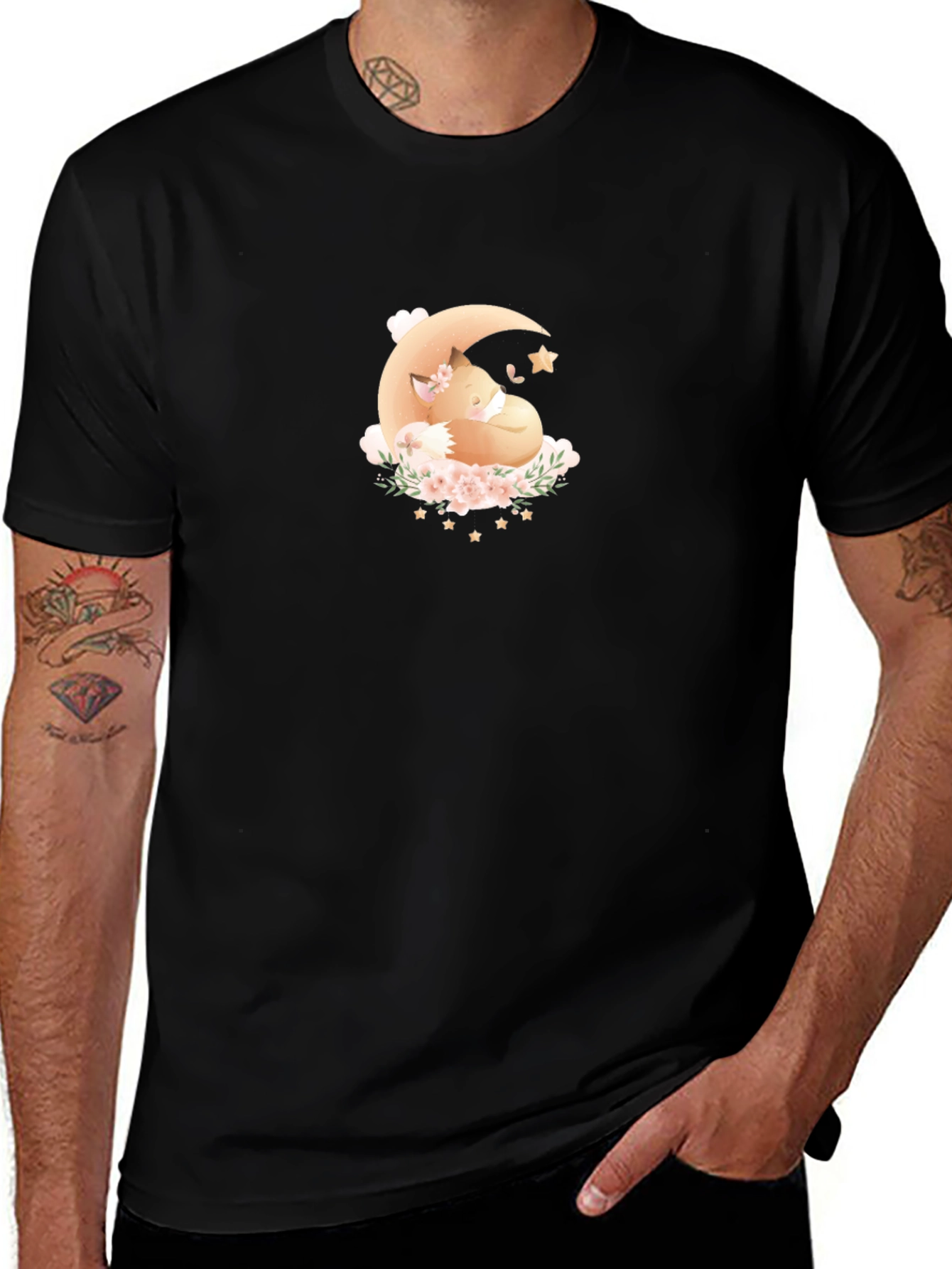 Dreamy Fox Moon Graphic Black T-Shirt