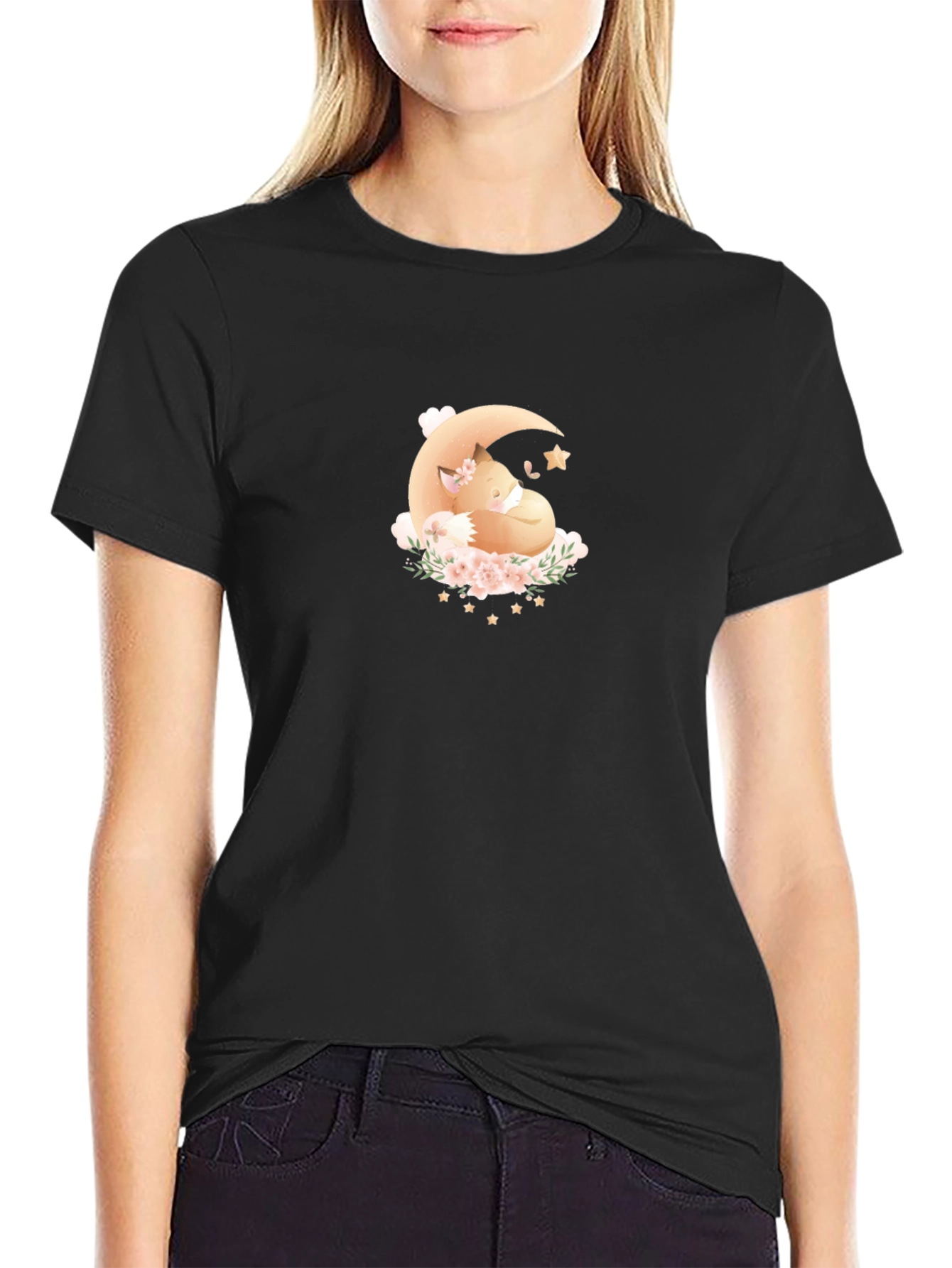 Dreamy Fox Moon Graphic Black T-Shirt