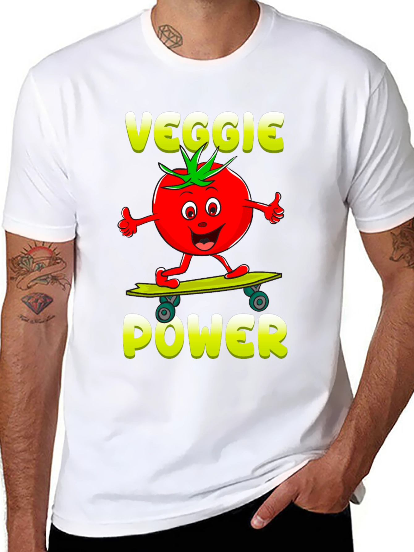 Veggie Power T-Shirt - Cartoon Tomato Skateboard Tee