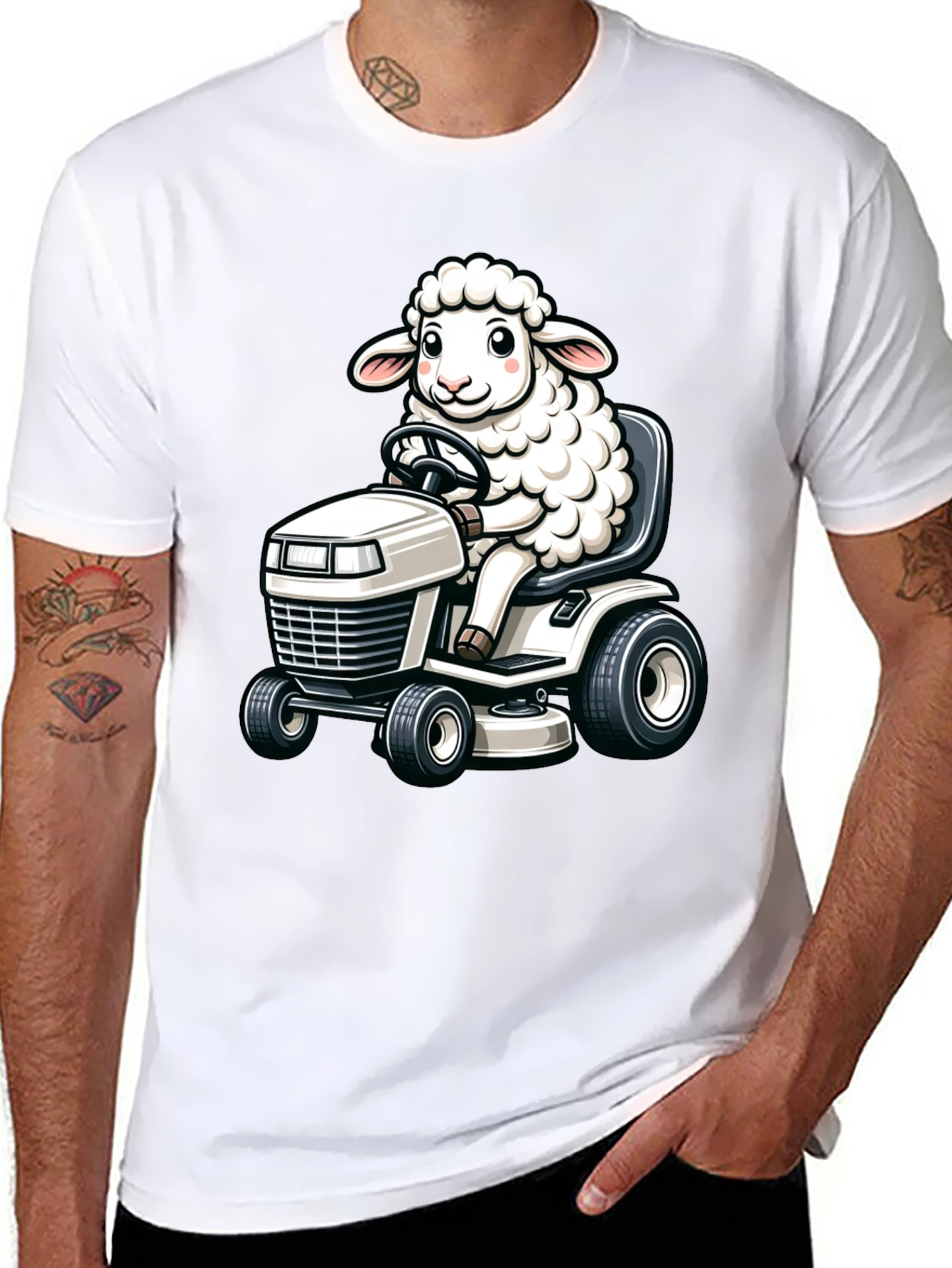 Sheep on Lawn Mower T-Shirt - Black