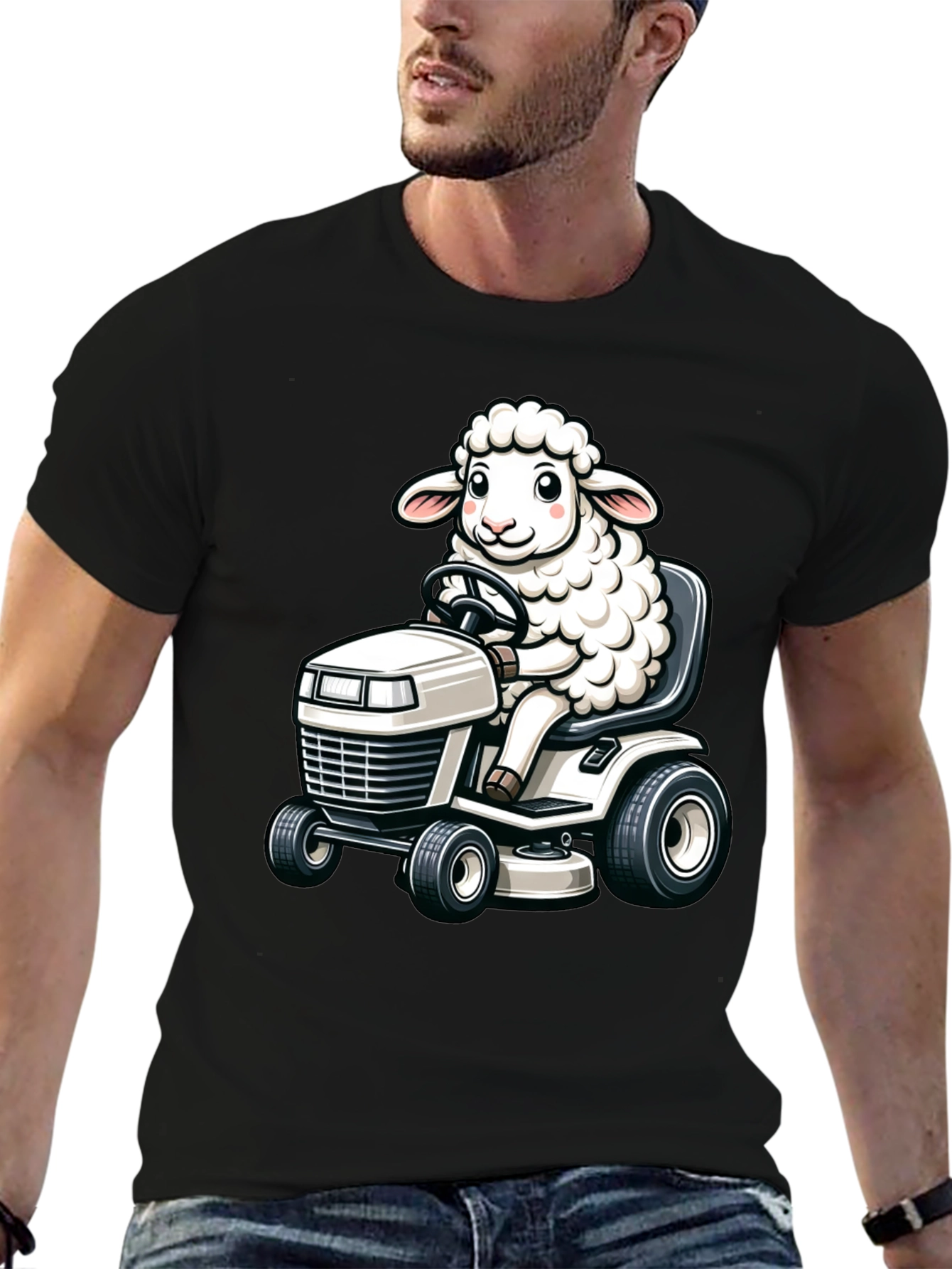 Sheep on Lawn Mower T-Shirt - Black