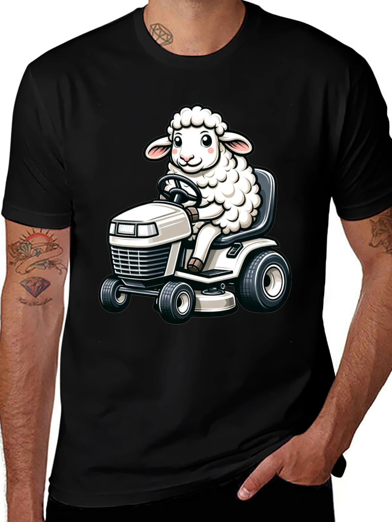 Sheep on Lawn Mower T-Shirt - Black