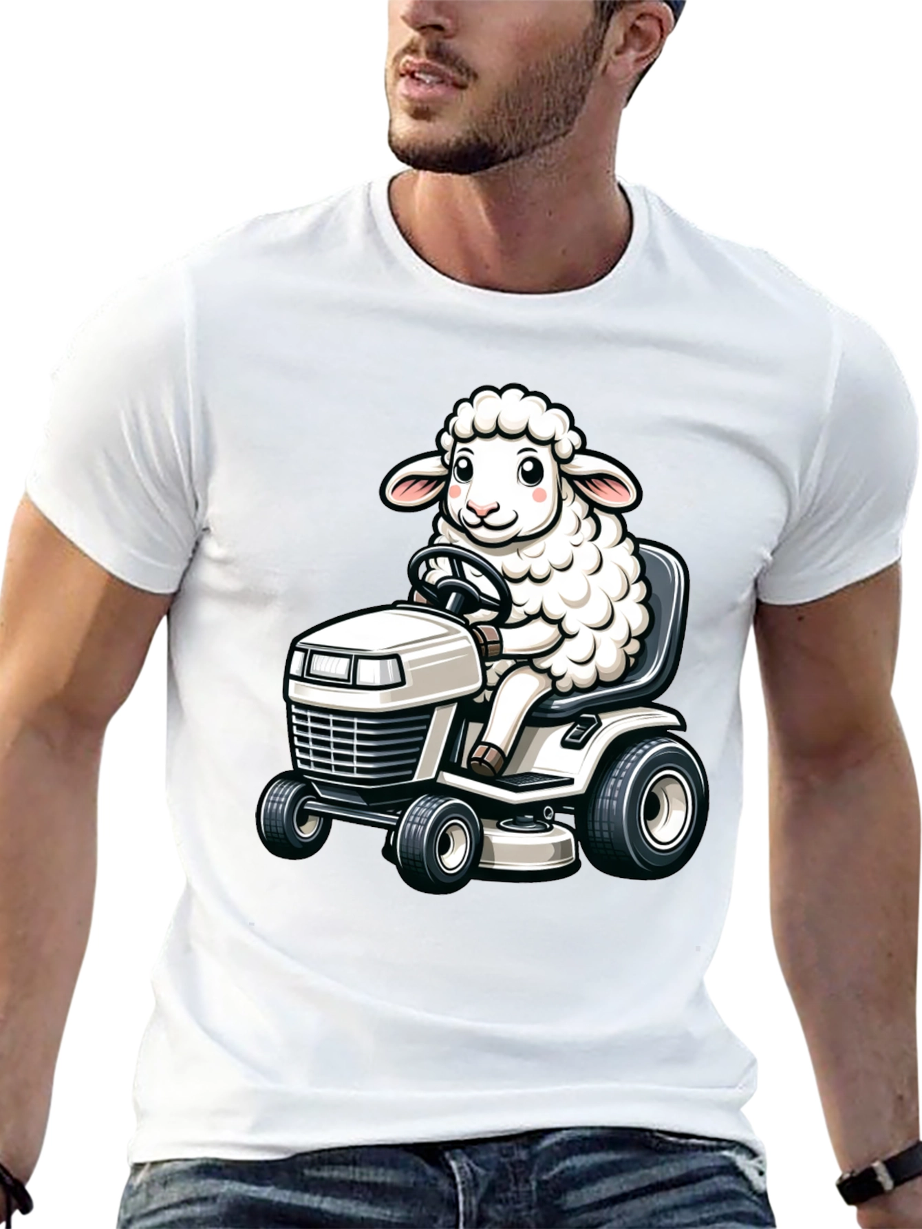 Sheep on Lawn Mower T-Shirt - Black