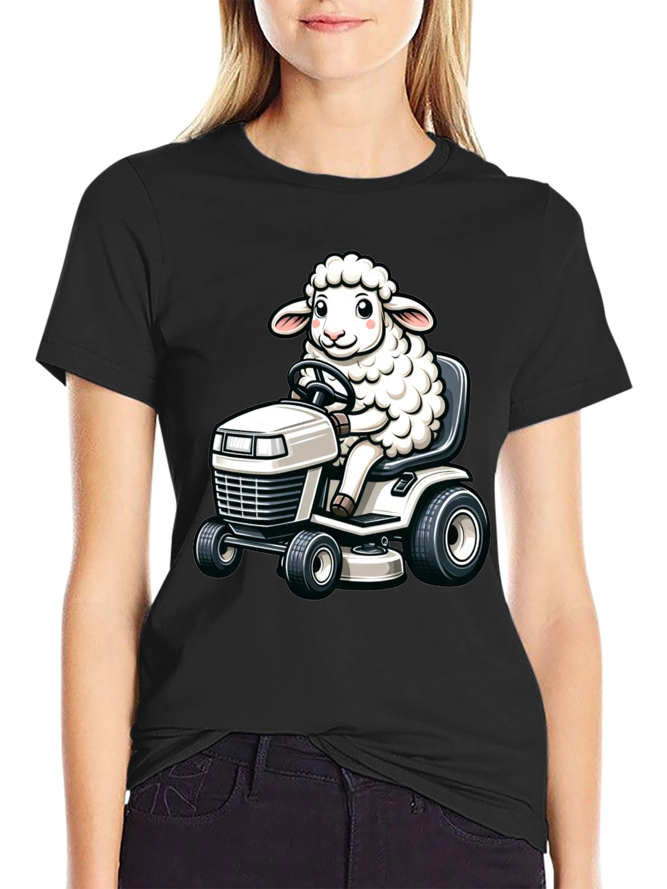 Sheep on Lawn Mower T-Shirt - Black