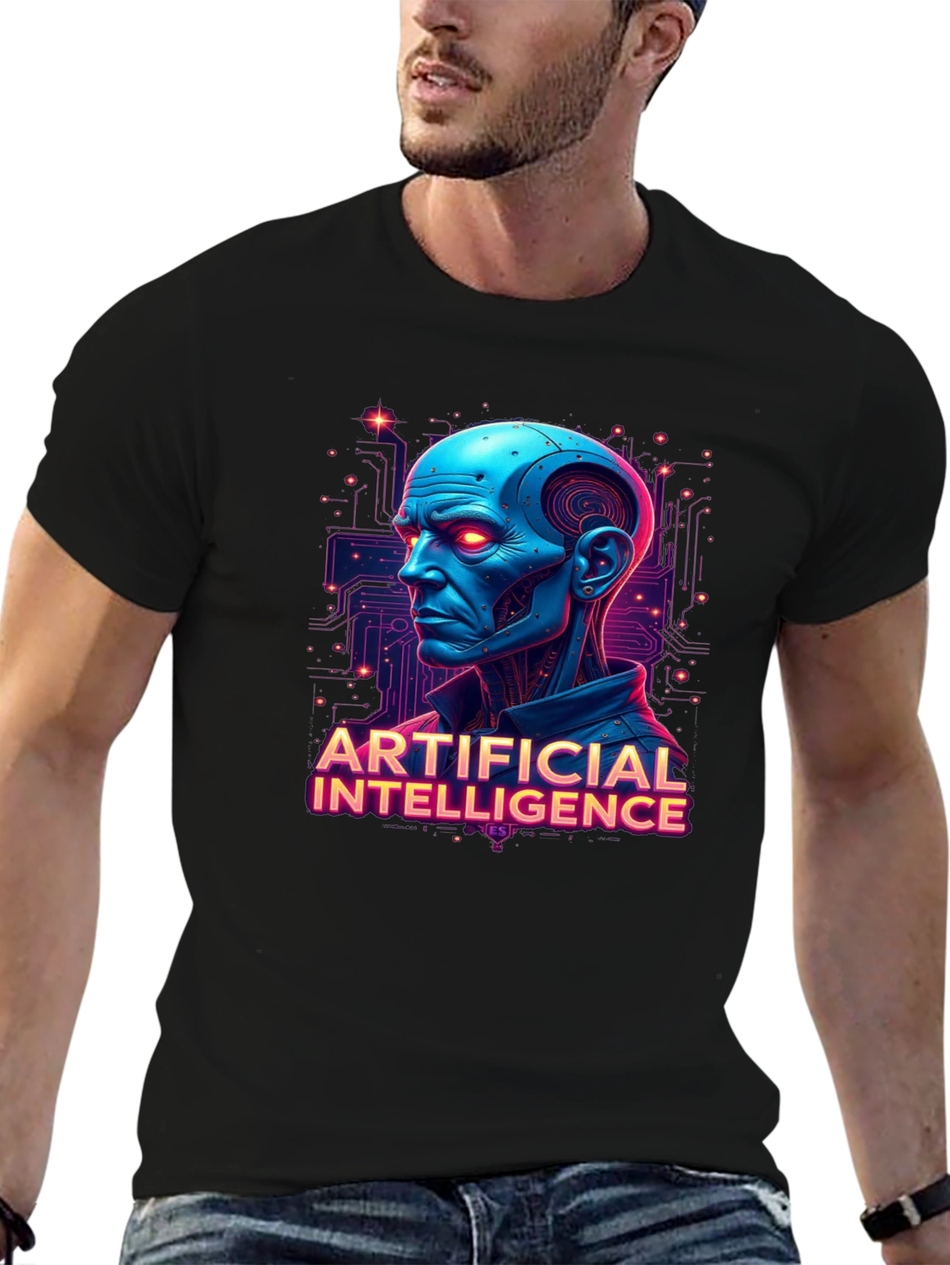 AI Robot Head Graphic Tee - Black T-Shirt