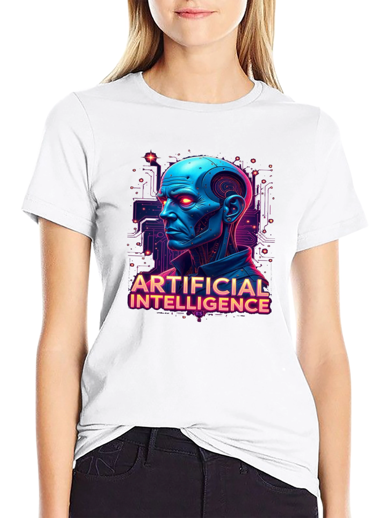 AI Robot Head Graphic Tee - Black T-Shirt