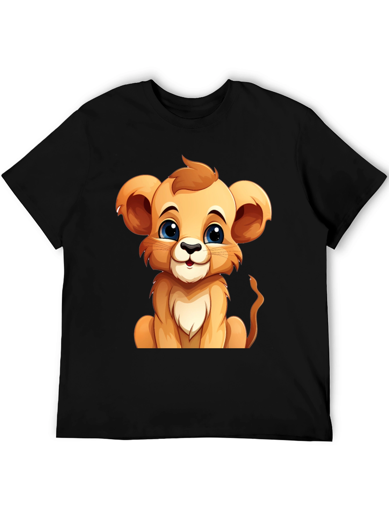 Cute Lion Cub Graphic Tee - Black Cotton T-Shirt