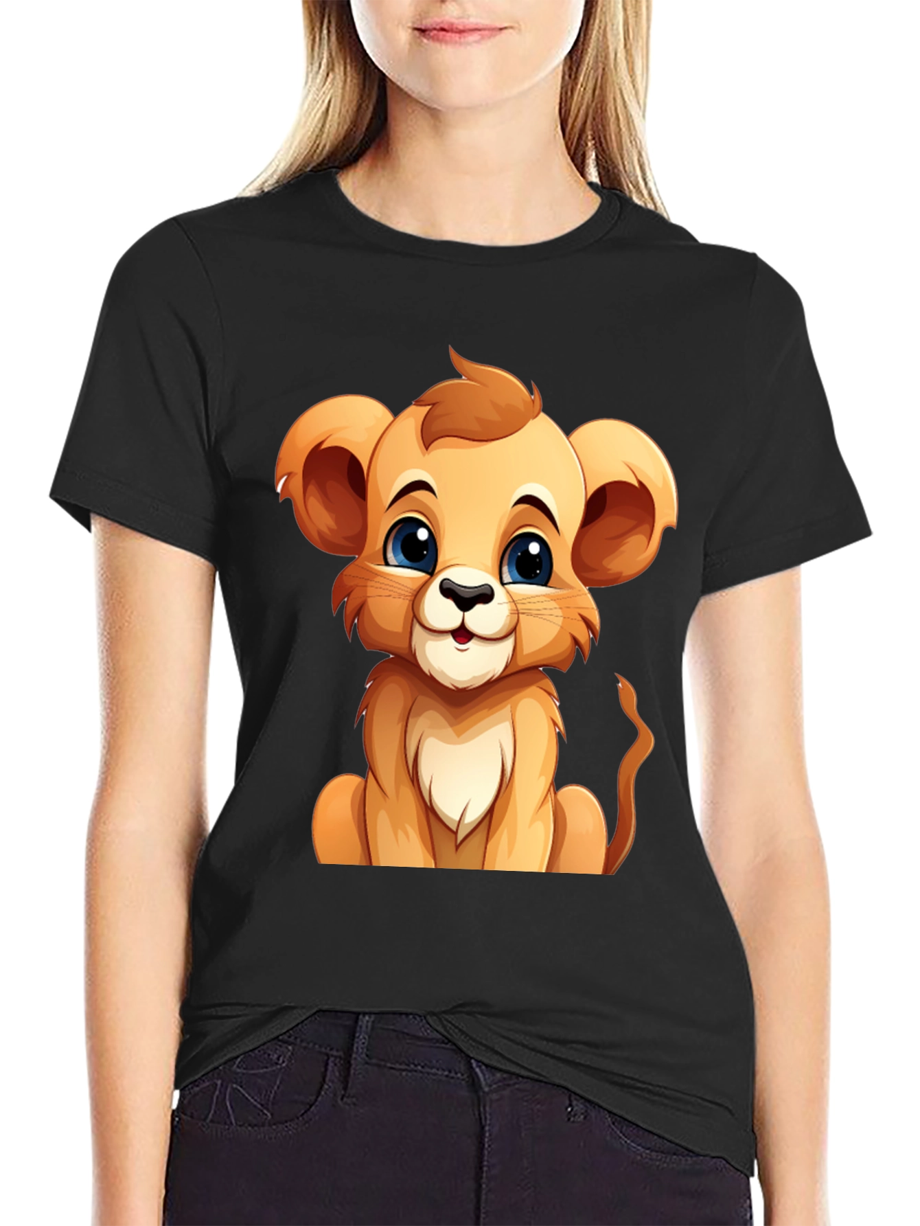 Cute Lion Cub Graphic Tee - Black Cotton T-Shirt
