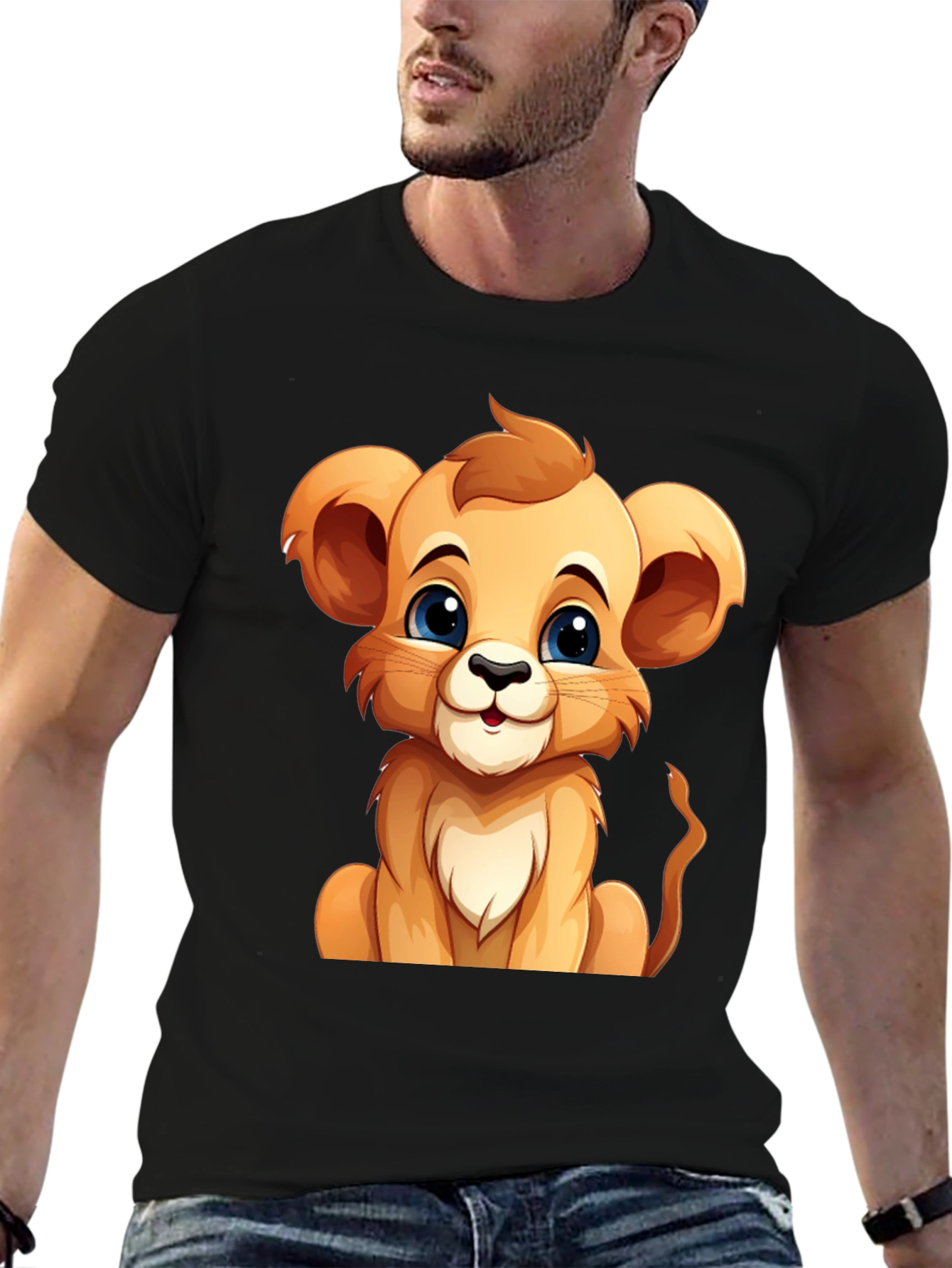 Cute Lion Cub Graphic Tee - Black Cotton T-Shirt