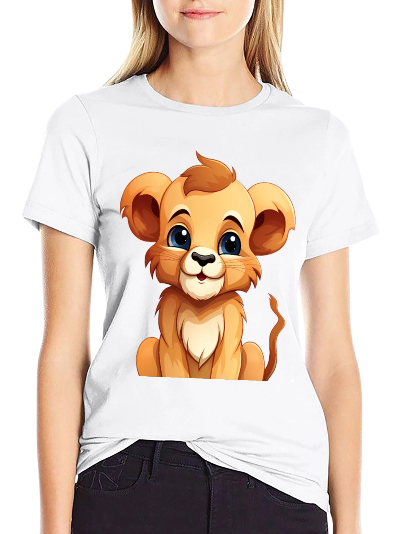 Cute Lion Cub Graphic Tee - Black Cotton T-Shirt