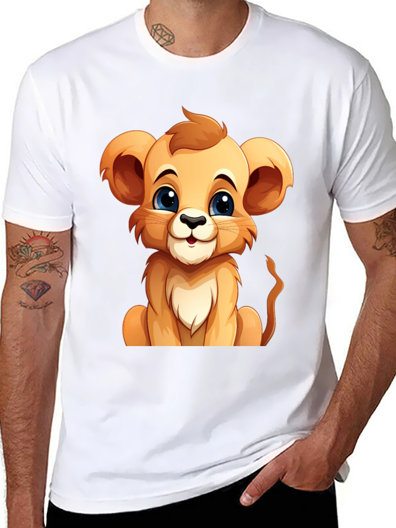 Cute Lion Cub Graphic Tee - Black Cotton T-Shirt
