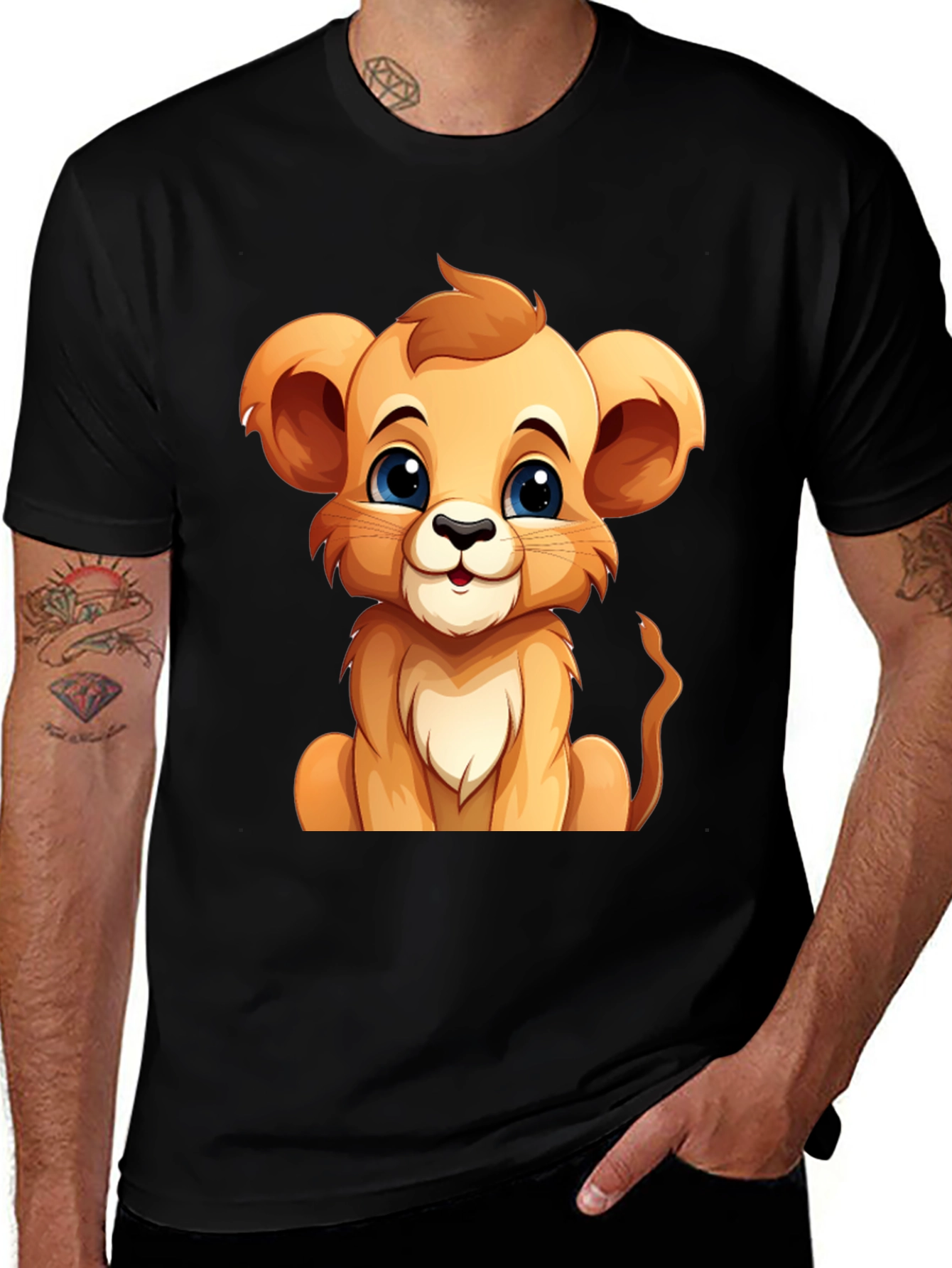 Cute Lion Cub Graphic Tee - Black Cotton T-Shirt