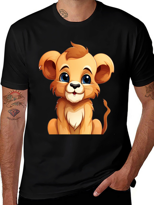 Cute Lion Cub Graphic Tee - Black Cotton T-Shirt
