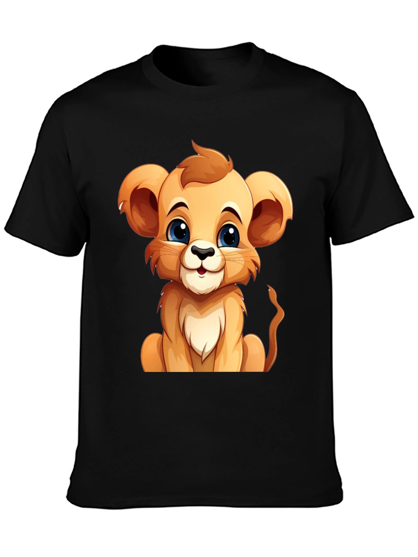 Cute Lion Cub Graphic Tee - Black Cotton T-Shirt