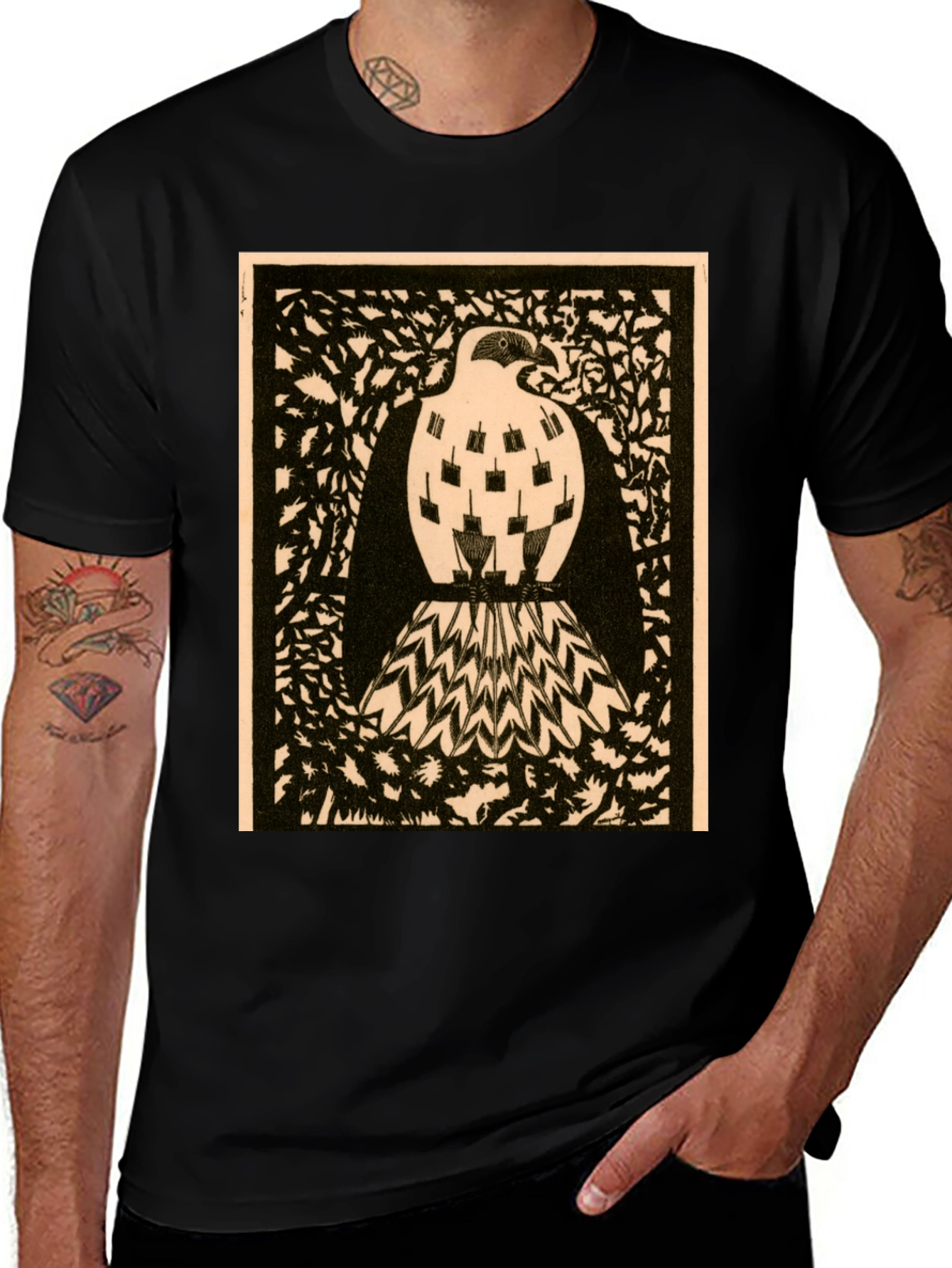Abstract Bird Graphic Print Black Tee