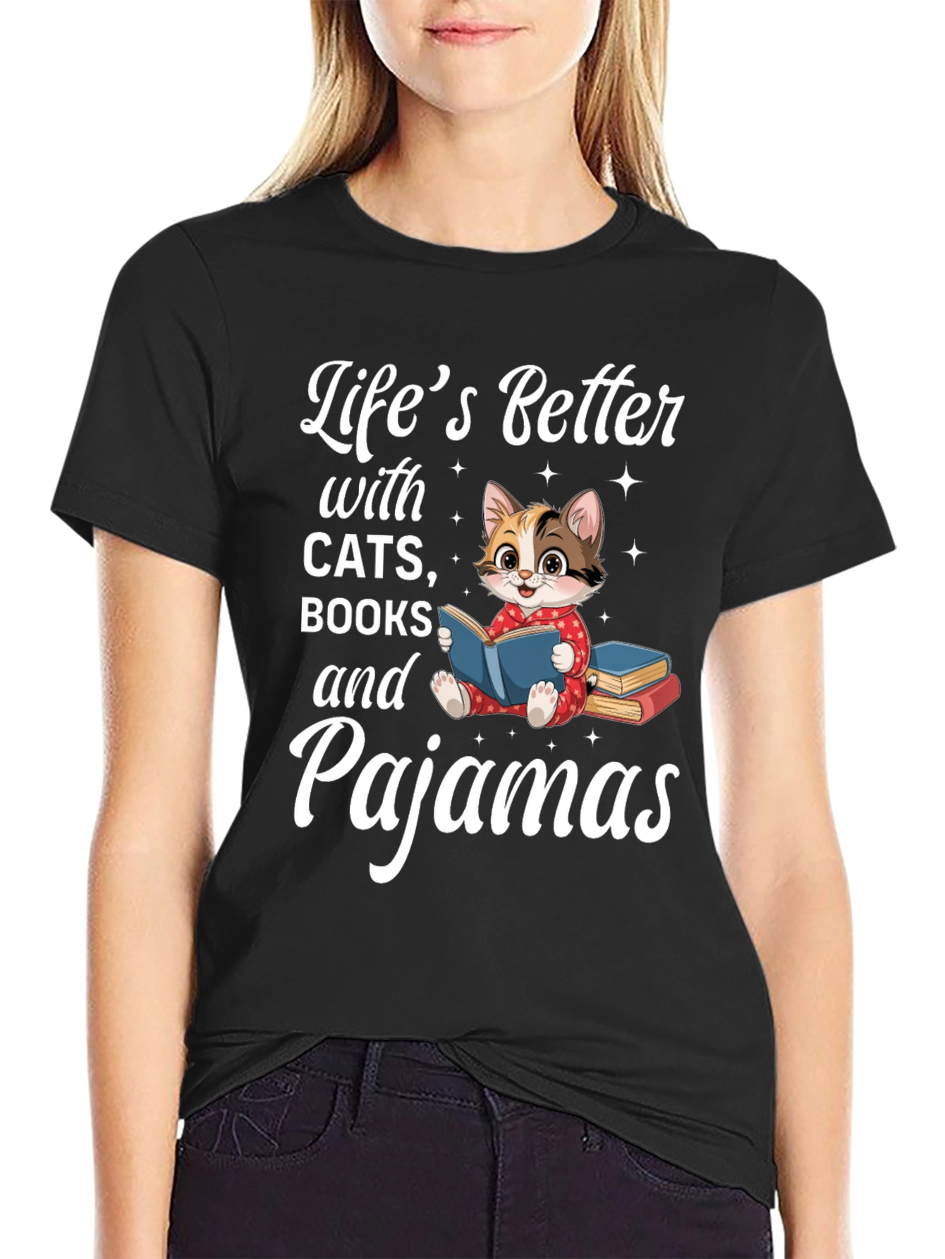 Lifes Better With Cats Books & Pajamas T-Shirt