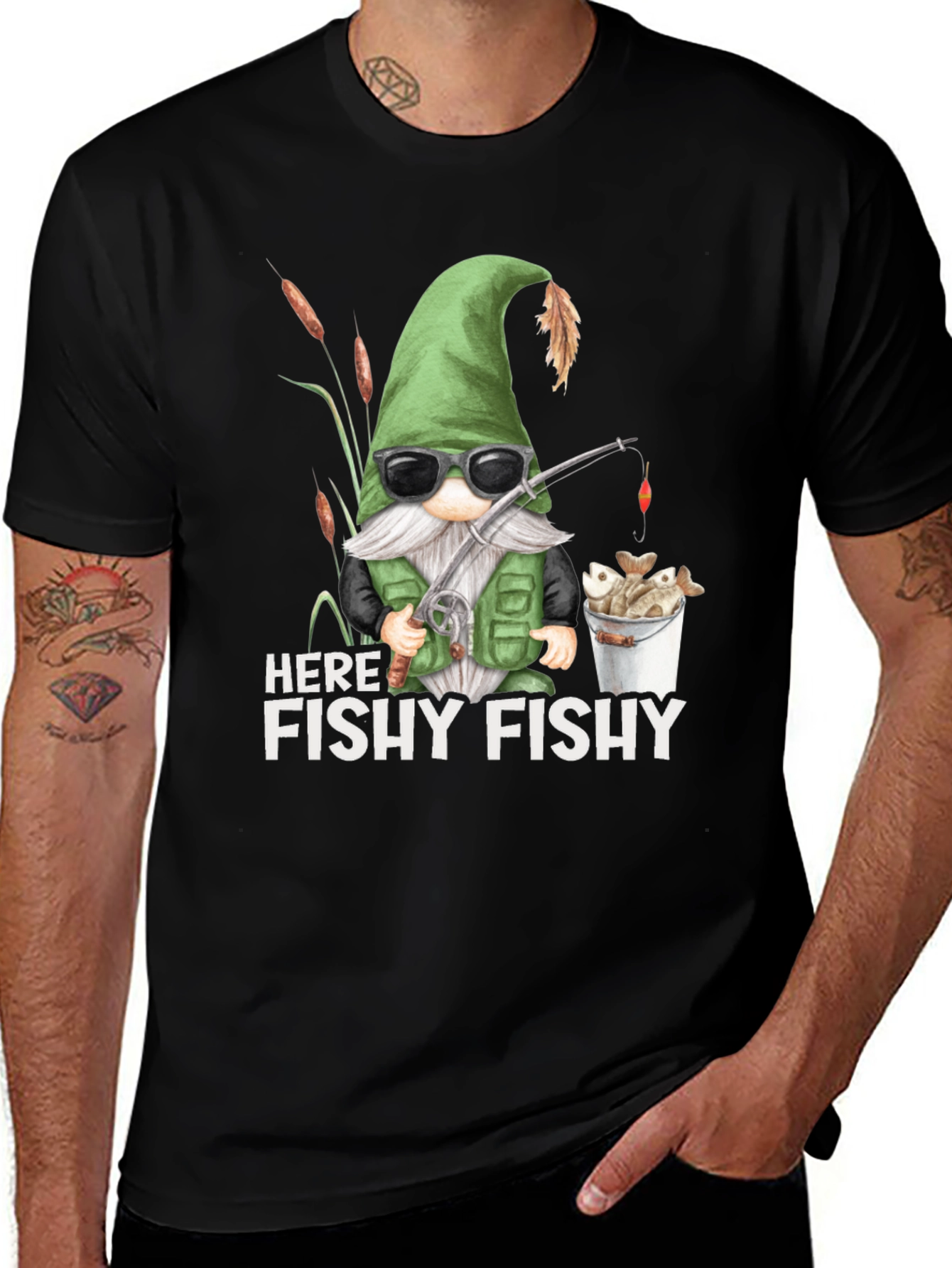 Here Fishy Fishy Gnome Fishing T-Shirt