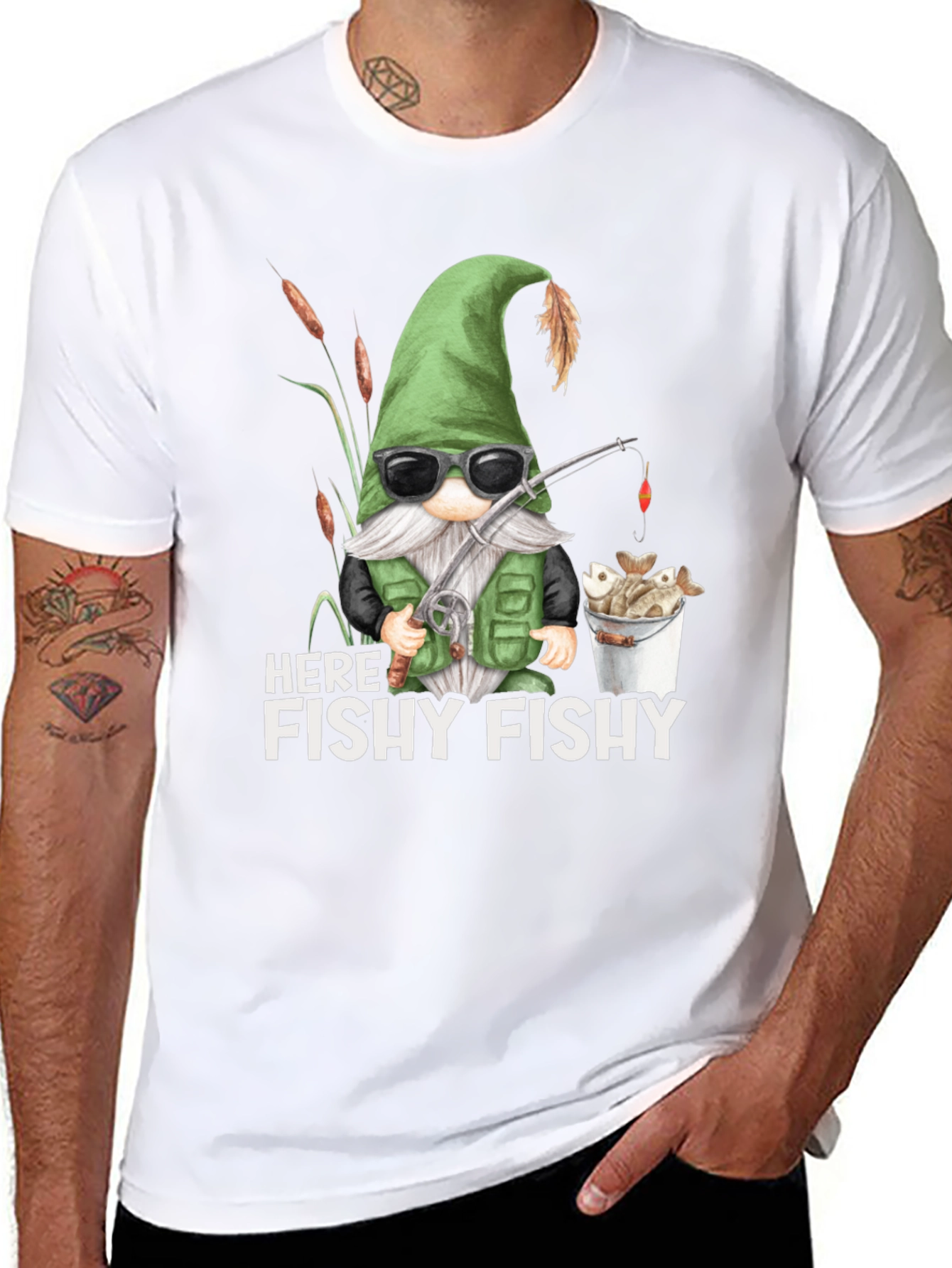 Here Fishy Fishy Gnome Fishing T-Shirt