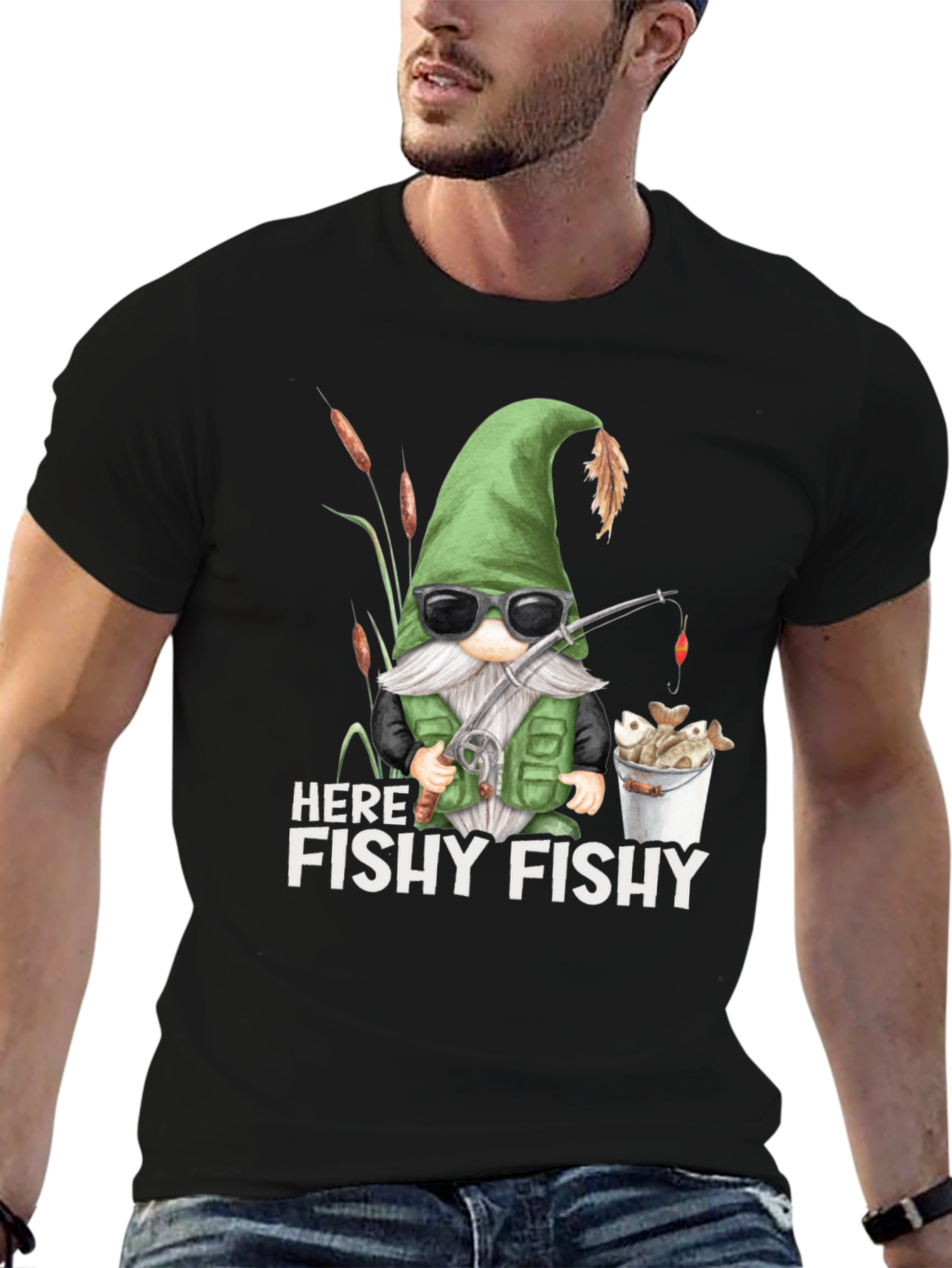 Here Fishy Fishy Gnome Fishing T-Shirt