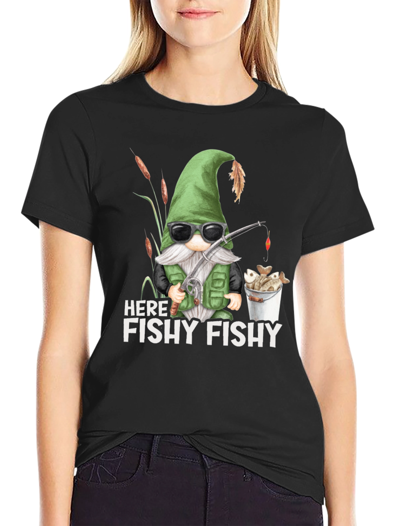 Here Fishy Fishy Gnome Fishing T-Shirt