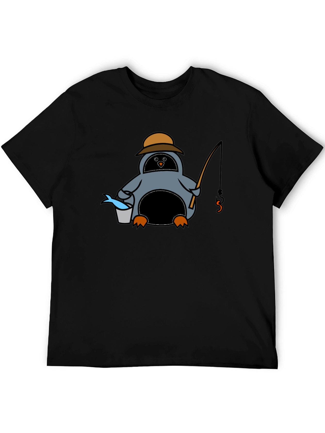 Cartoon Penguin Fishing Black T-Shirt