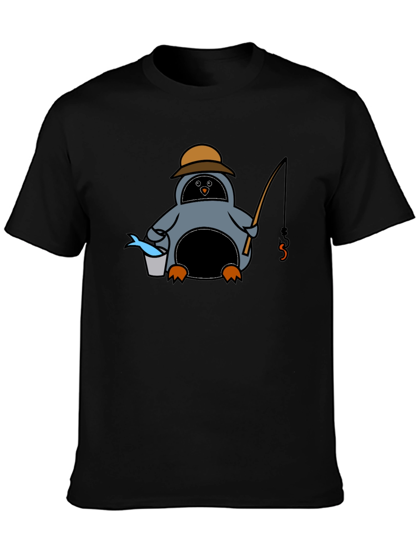 Cartoon Penguin Fishing Black T-Shirt