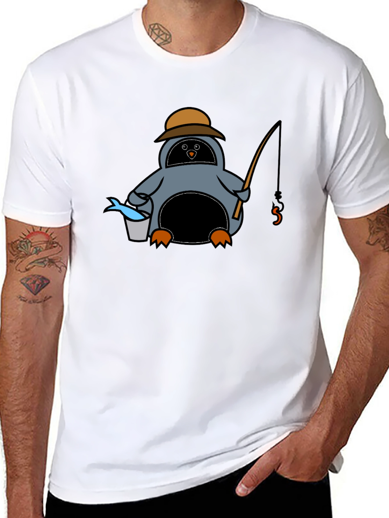Cartoon Penguin Fishing Black T-Shirt