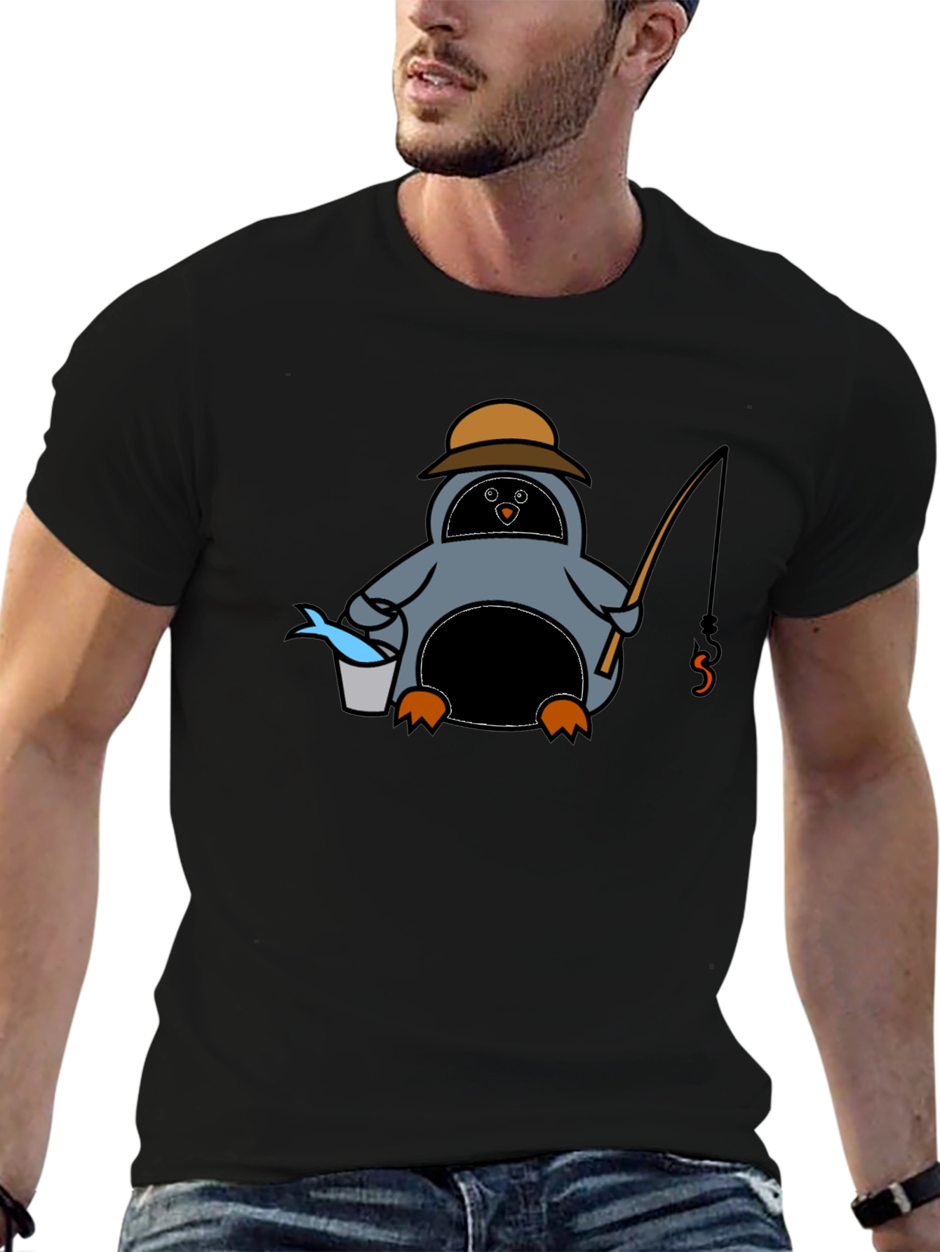 Cartoon Penguin Fishing Black T-Shirt
