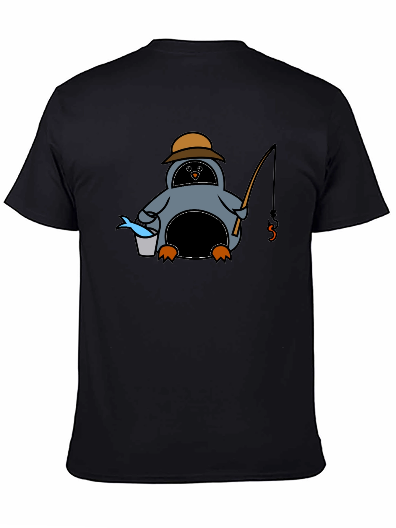 Cartoon Penguin Fishing Black T-Shirt