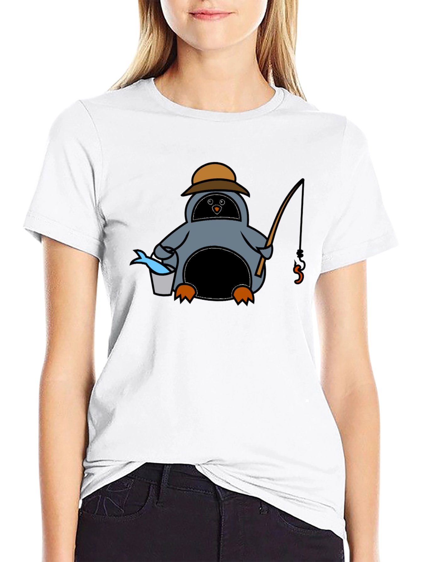 Cartoon Penguin Fishing Black T-Shirt