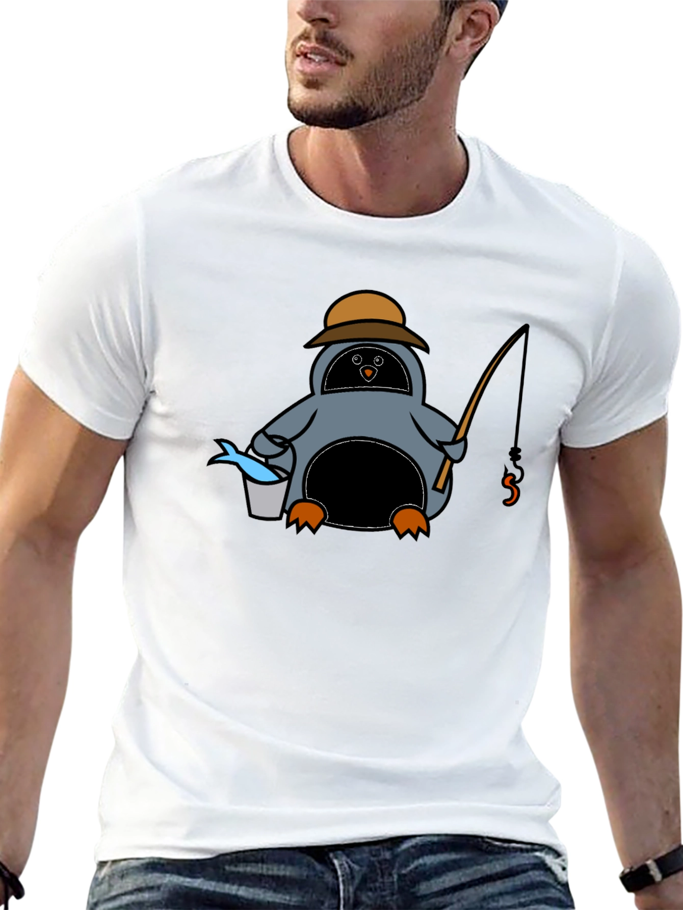 Cartoon Penguin Fishing Black T-Shirt