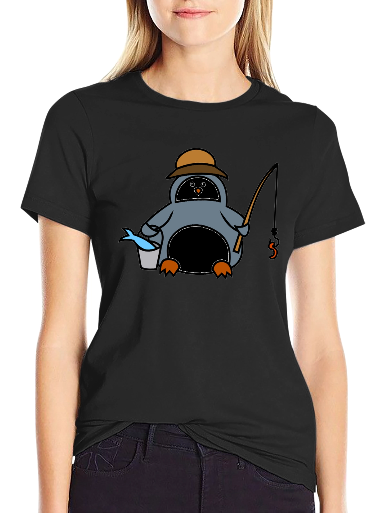 Cartoon Penguin Fishing Black T-Shirt