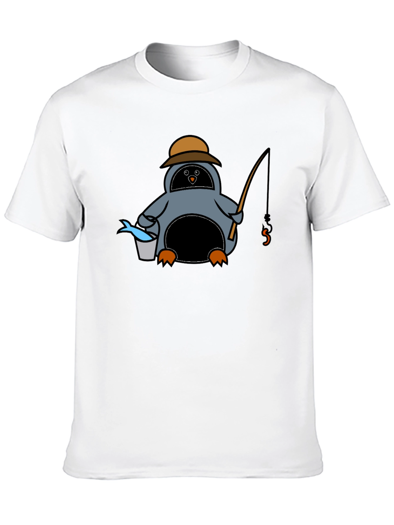Cartoon Penguin Fishing Black T-Shirt