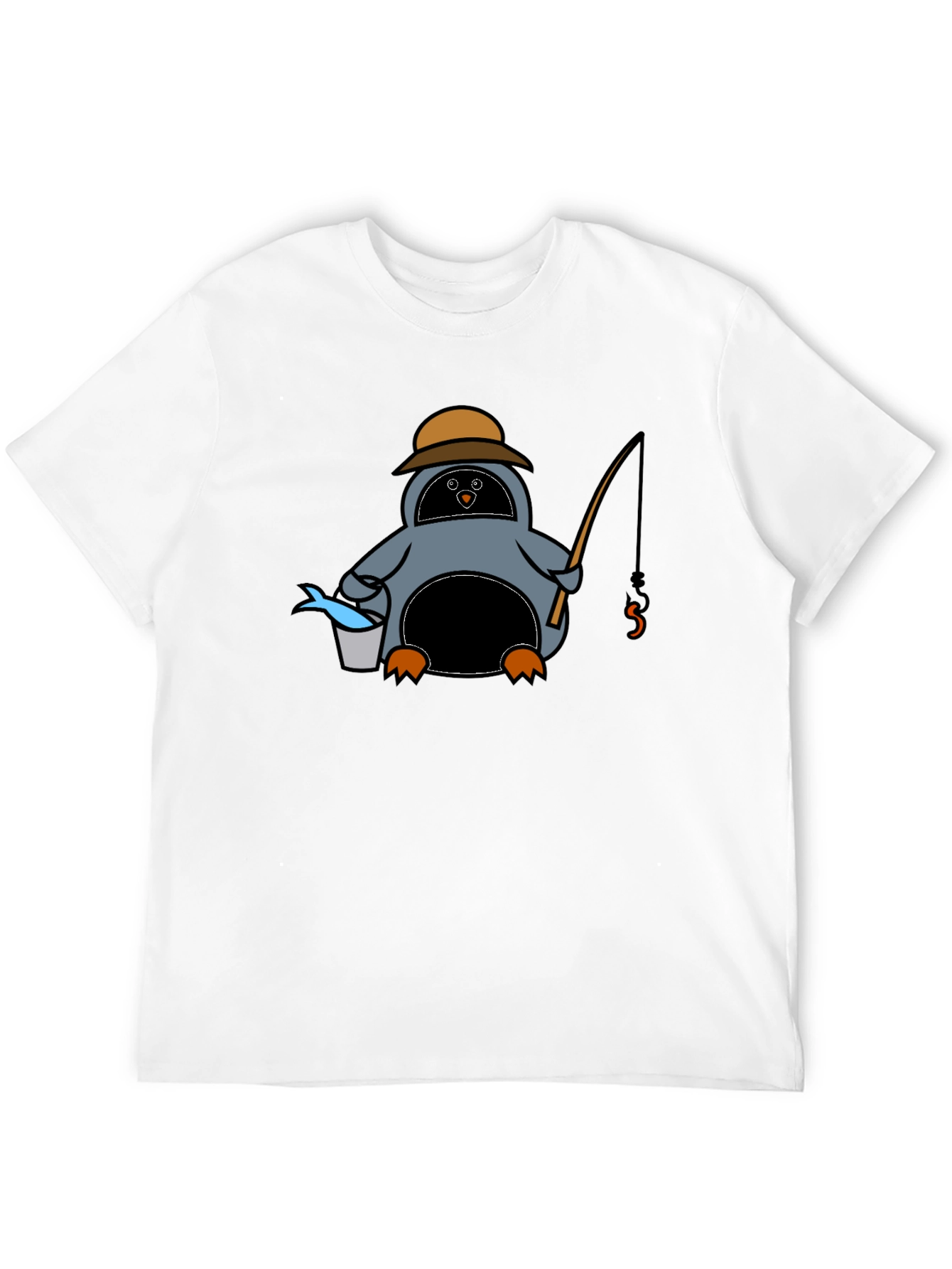 Cartoon Penguin Fishing Black T-Shirt