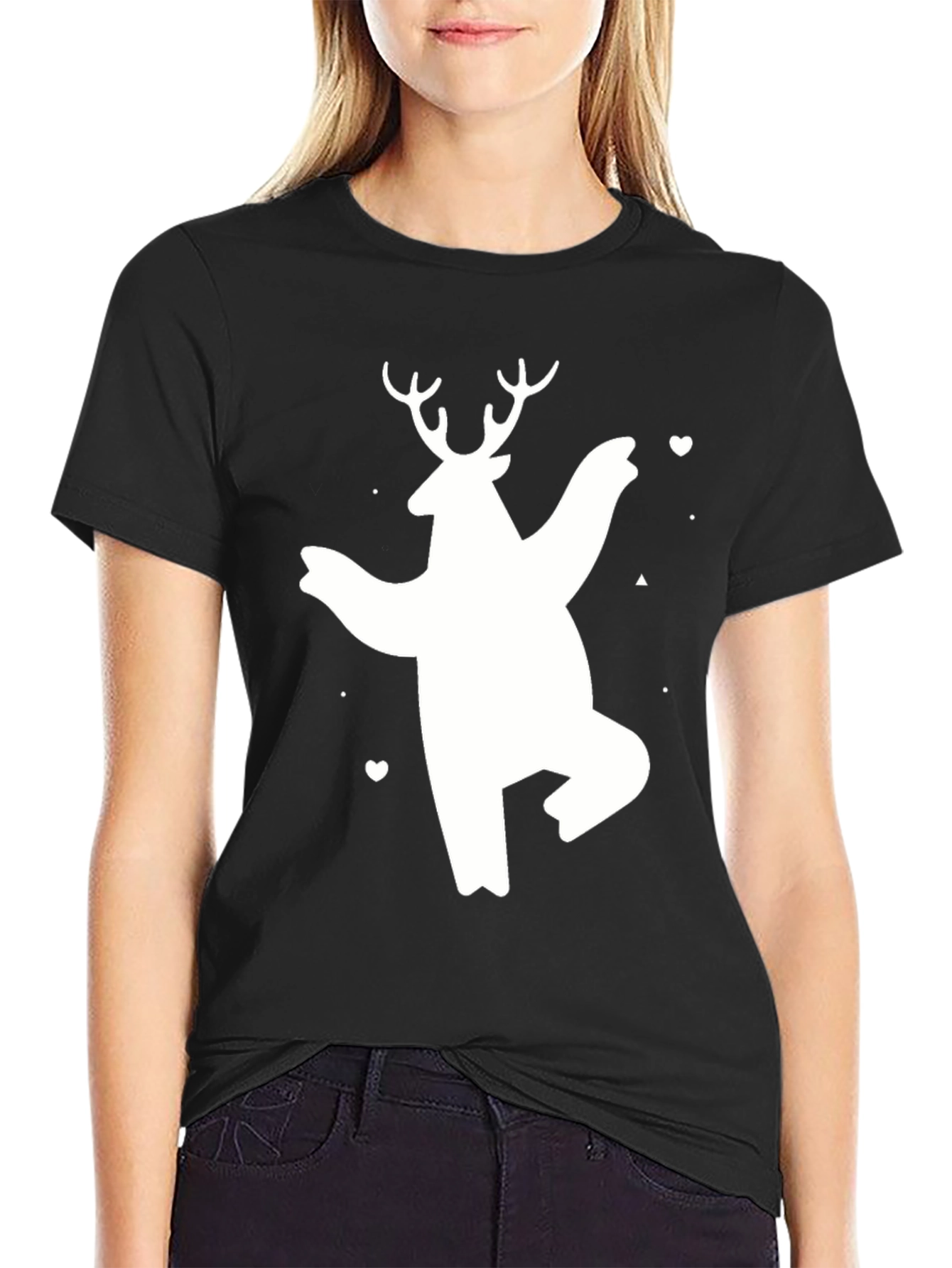 Bear Deer Graphic Tee - Black Cotton Casual T-Shirt