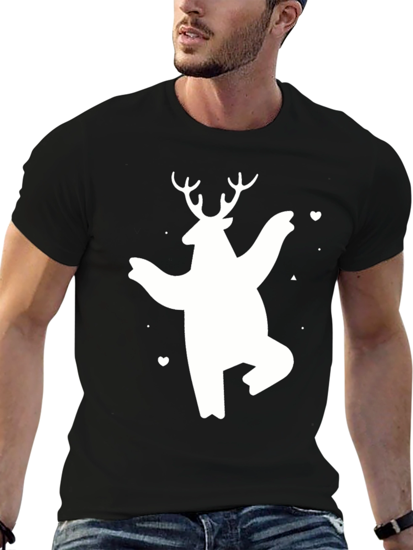 Bear Deer Graphic Tee - Black Cotton Casual T-Shirt