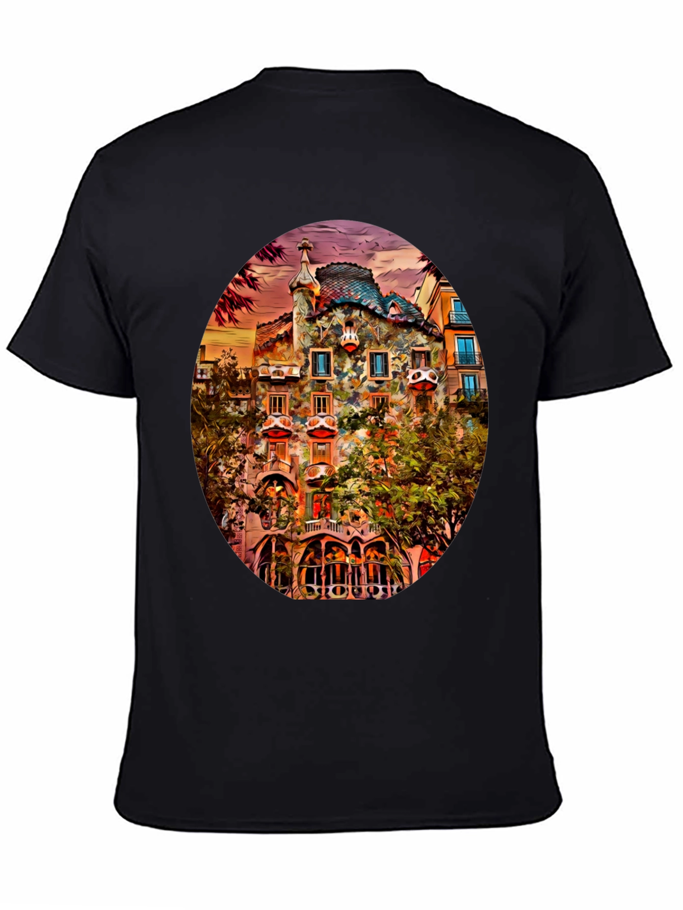 Gaudi Building Art Print Black T-Shirt