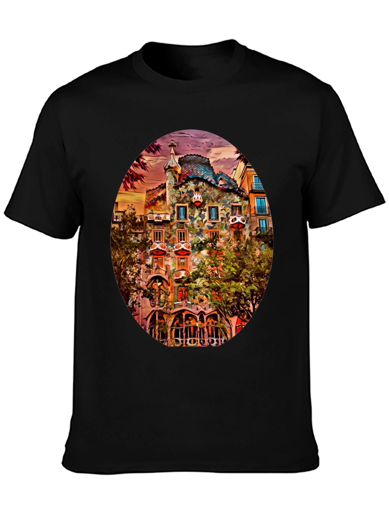 Gaudi Building Art Print Black T-Shirt
